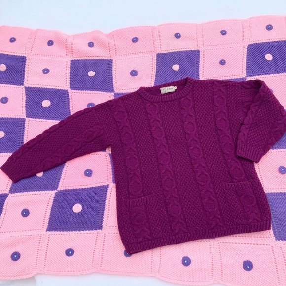 vintage ll bean wool sweater raspberry purple |M-L| 90s ski pockets chunky cable - Picture 1 of 7